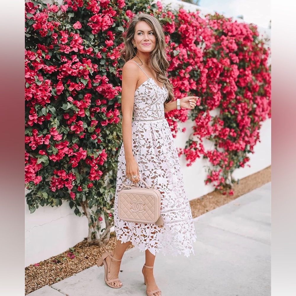 AlvaQ white lace dress with light blue ribbon straps